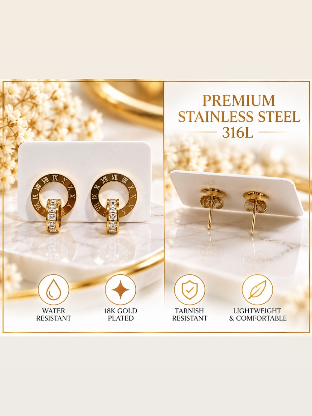 Gold Roman Numeral Hoop Stud Earrings - 18K Gold Plated